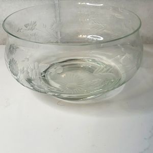 clear glass bowl with cut glass flower design